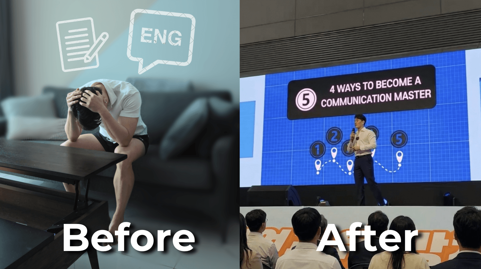 Before and After — from struggling with English to confidently presenting on stage